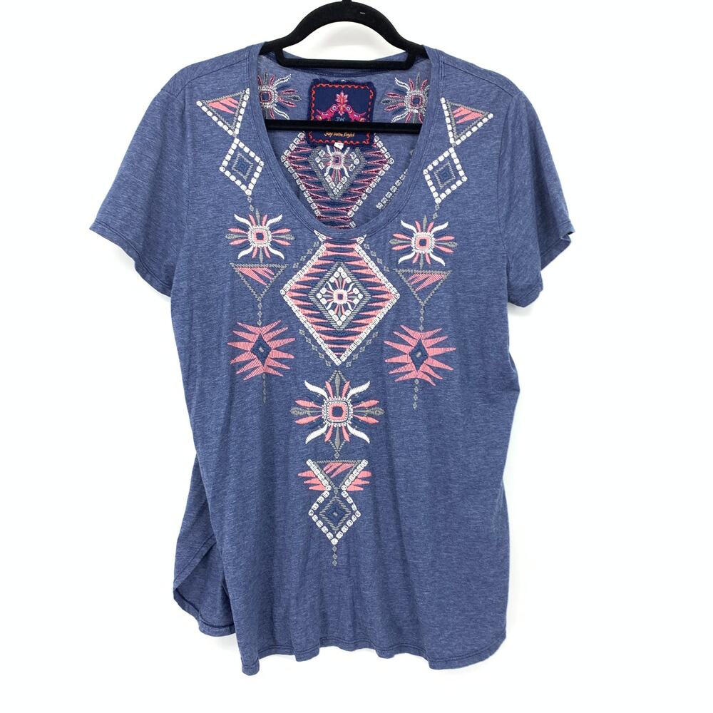 Johnny Was Short Sleeve Scoop Neck T-Shirt Womens Sz XL Blue Pink Embroidery